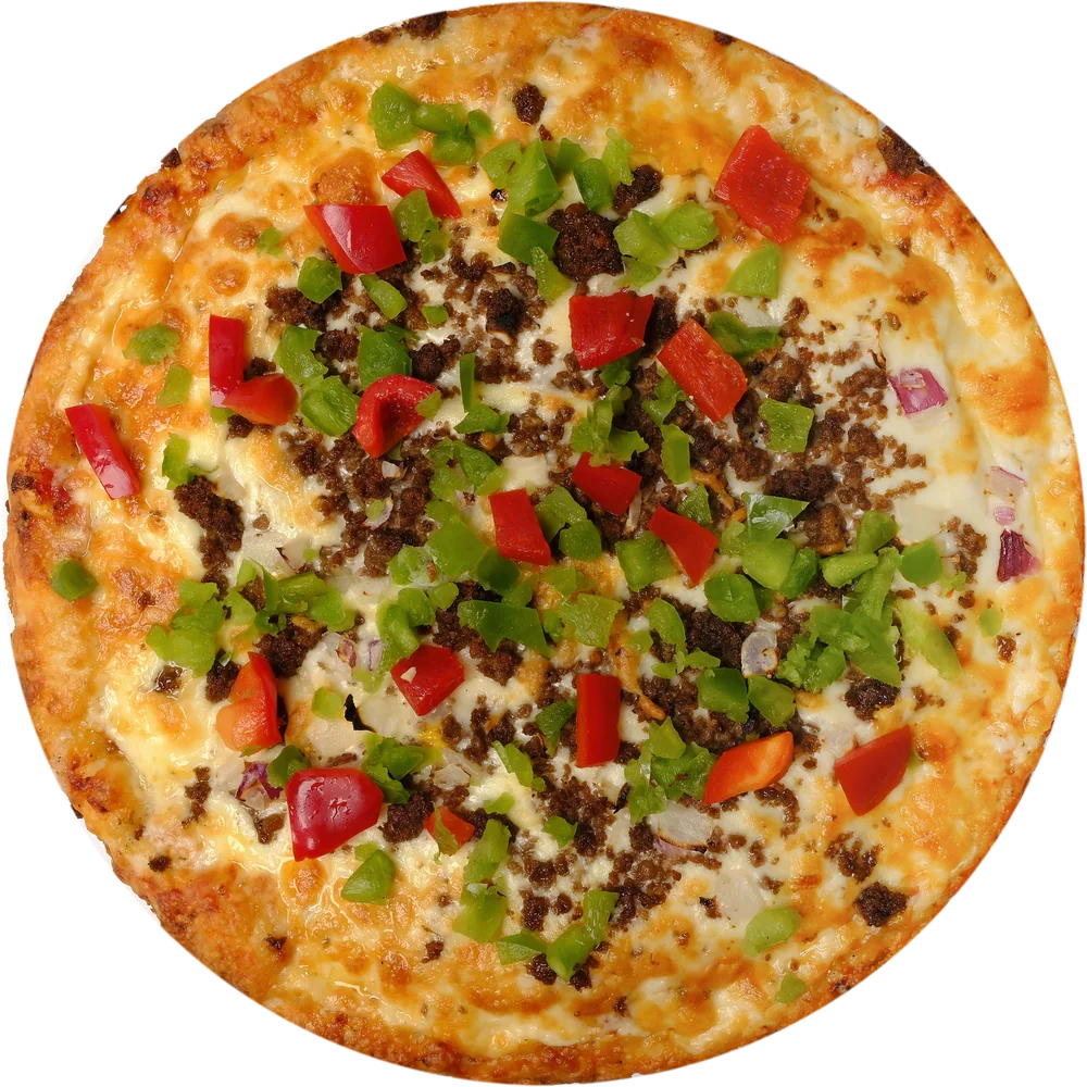 Beef, onions and green pepper pizza